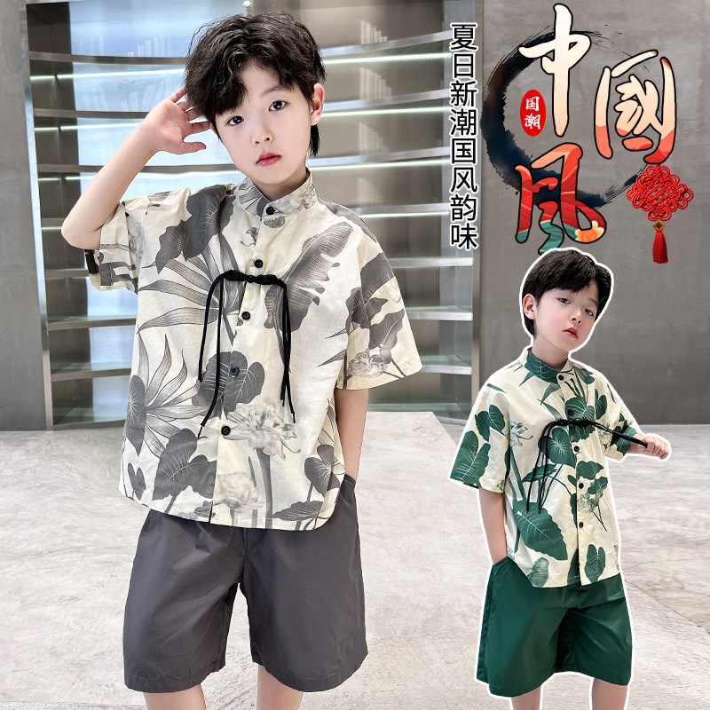 现货男童夏e季短袖套装儿童中式洋气国风汉服帅气夏装潮衣服8岁9
