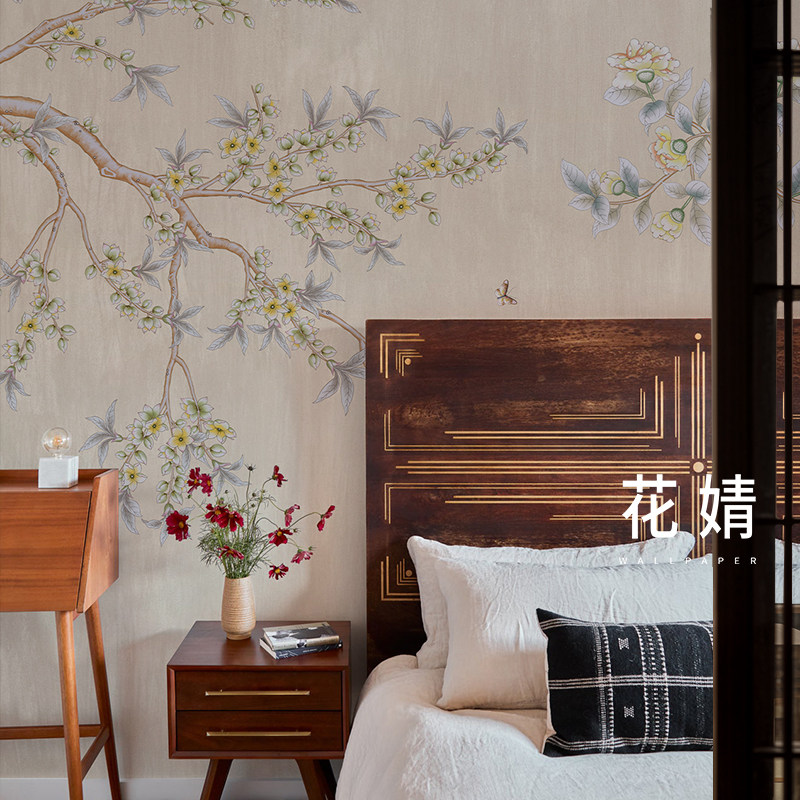 墙布定制工笔花鸟艺术壁纸奢华民宿电视背景墙纸中式客厅卧室壁画