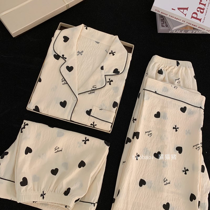 夏季甜美桃心梭织纯棉睡衣女款短袖宽松大码棉绸纱布三件套家居服