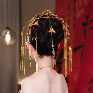 新款中式新娘结婚头饰减龄金色发钗金绿色瀑布后区龙凤褂发饰套装