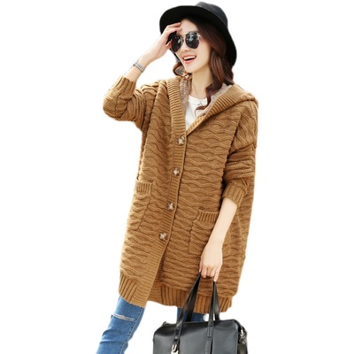 毛衣外套女加厚加绒秋冬季韩版大尺码宽松粗毛线中长W版连帽针织