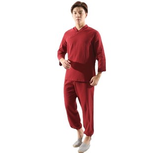 男士 新棉麻禅修瑜伽服复古r改良汉服套装 太极居士打坐服茶道