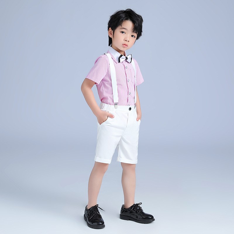 男童礼服夏季西装套装短袖衬衫背带裤套装儿童生日花童主持演出服