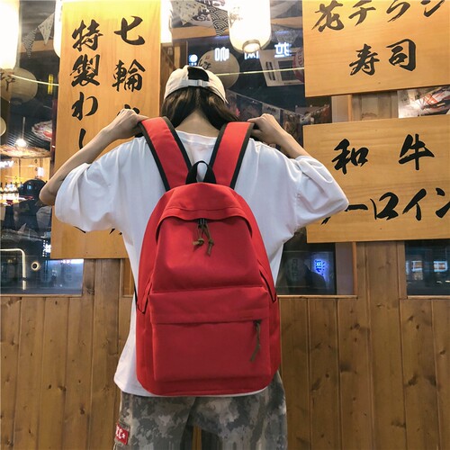 简约百搭双肩包红色大容量大学生时尚书包女韩版高中背包男旅行包