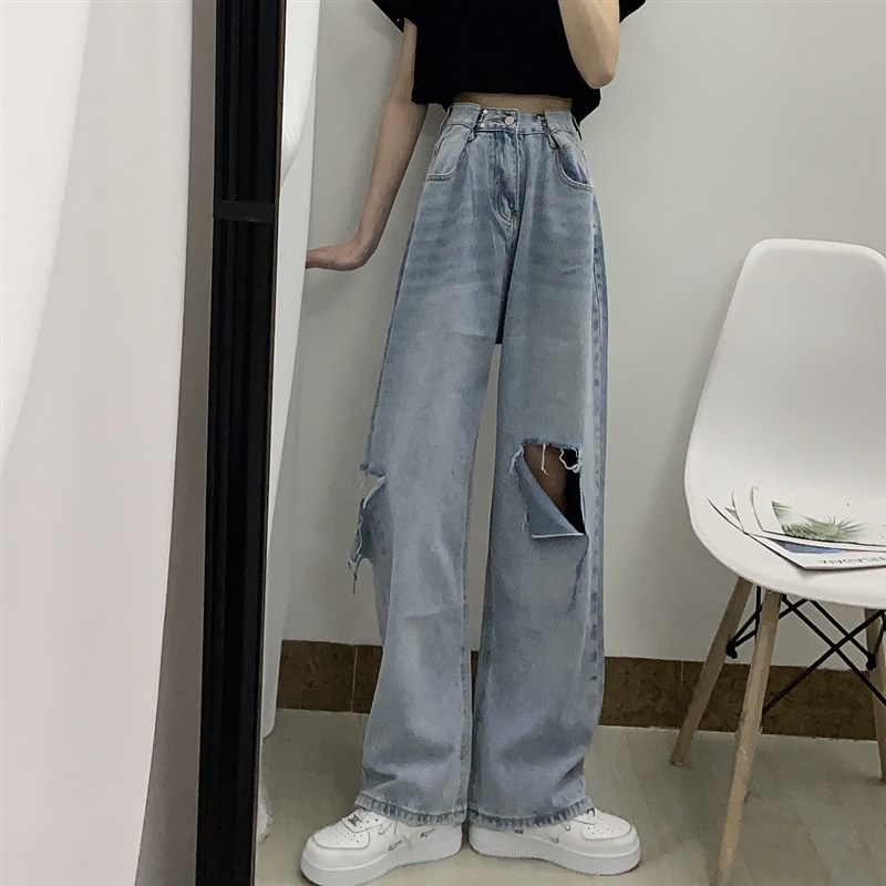 现货破洞垂感高腰牛仔裤女春秋2021新款大码胖mm学生宽松显瘦阔腿