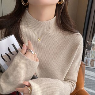 灰色半高领羊绒打底衫女内搭宽松2024新款中长款毛衣针织长袖上衣