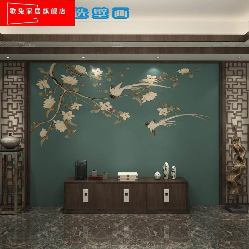 新款玉新中式3兰花壁布电视背景墙客厅卧室沙发蓝色花鸟壁纸墙衣