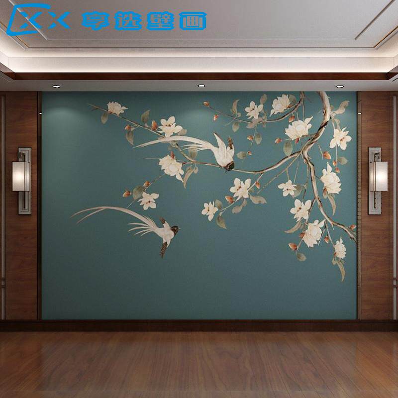 新款玉新中式3兰花壁布电视背景墙客厅卧室沙发蓝色花鸟壁纸墙衣