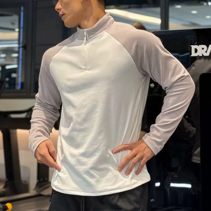 运动长袖男T恤半门襟小高领圆领插肩袖德绒保暖秋冬季打底衫健身