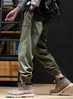 军绿色工装裤男春秋季机能棉感宽松束脚裤子加肥S加大码男士休闲