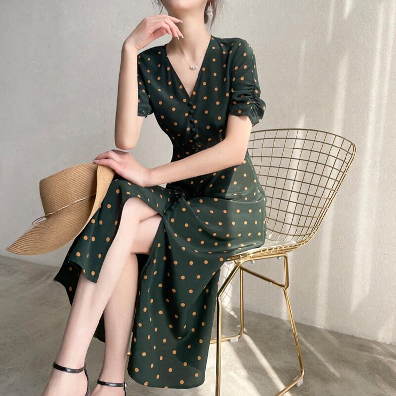 夏季2023新款真丝连衣裙女墨绿复古波点V领高端桑蚕丝双绉裙子
