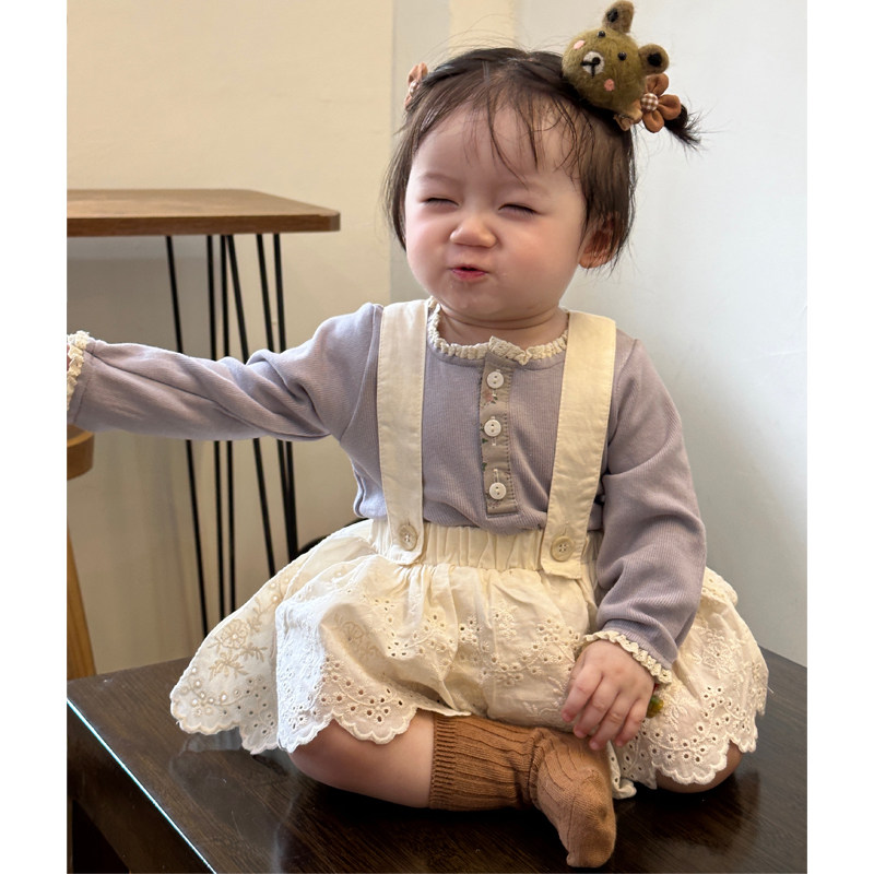 热销ins韩国秋装婴儿蕾丝花边抱婴袋哈裤女宝宝打底衫外套洋派3件