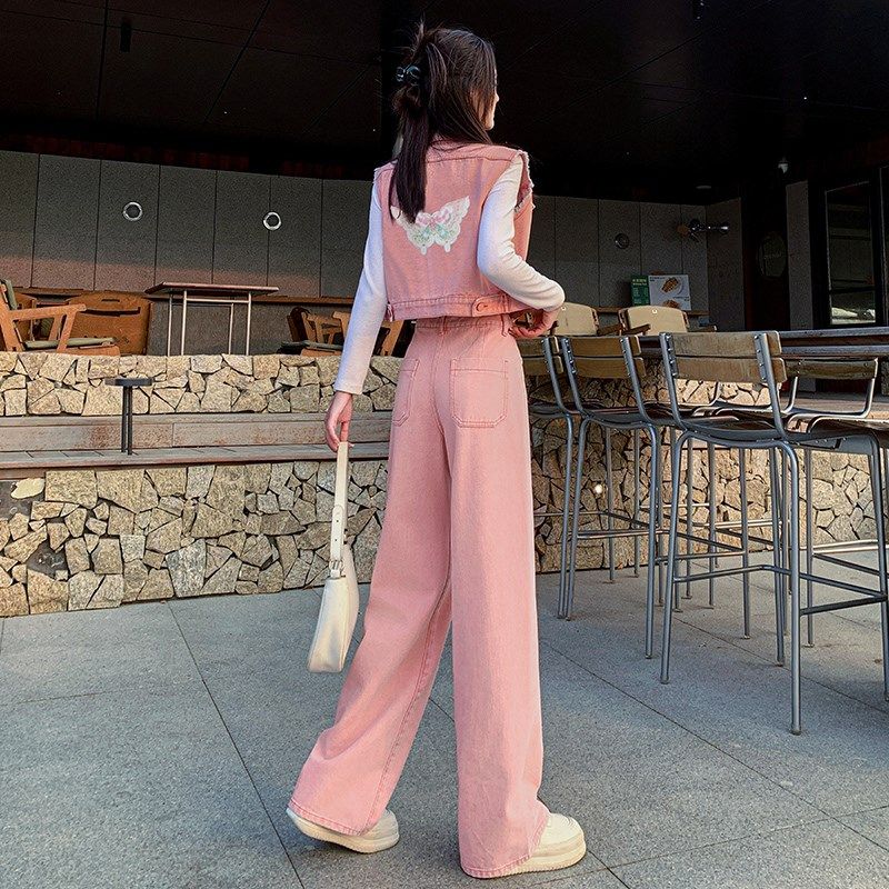 粉色牛仔套装女g2024秋季新款显瘦减龄时髦套装小个子阔腿裤两件,女装/女士精品,时尚套装,淘宝优惠券,粉丝福利购,淘宝优惠卷