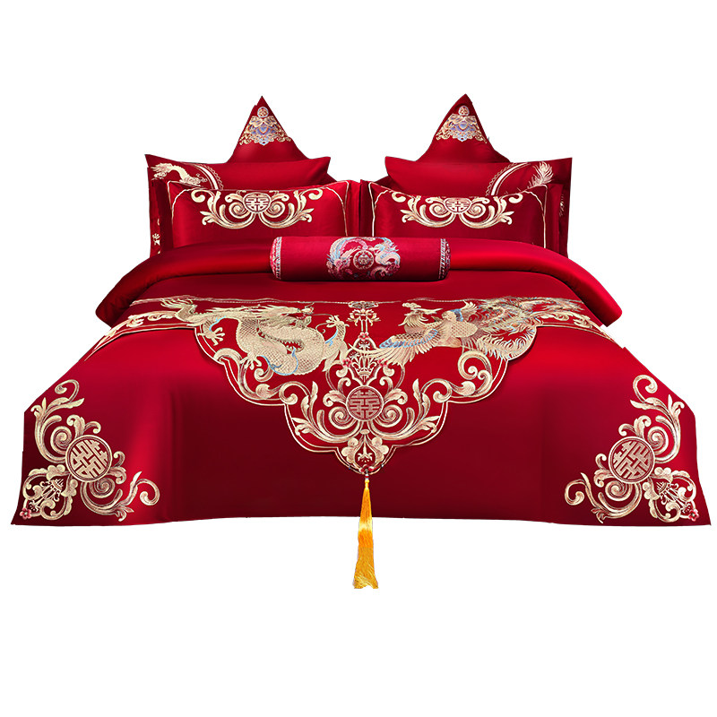 婚庆四件套大红全棉刺绣龙凤结婚房嫁喜被新婚床单笠床品,床上用品,婚庆床品套件,淘宝优惠券,粉丝福利购,淘宝优惠卷