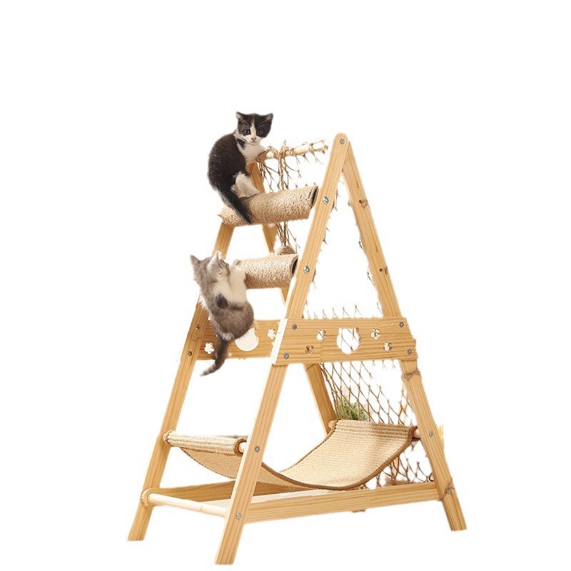 宠物猫爬架实木麻绳攀爬网耐磨猫抓柱猫窝三角猫跳台小型家用别墅