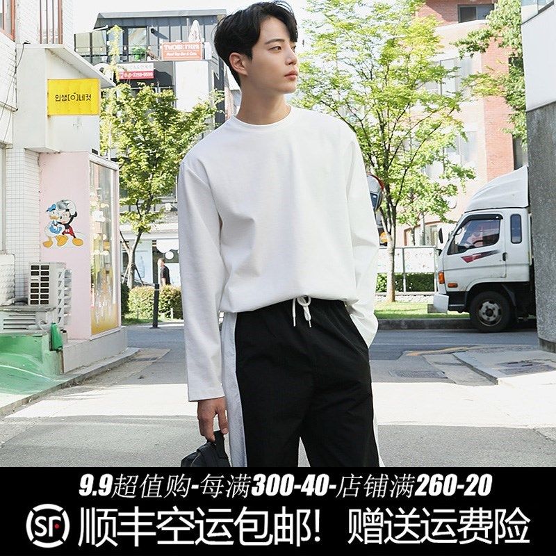 落肩宽松重磅加厚纯白色t恤男长袖内搭打底衣体恤衫螺纹领口