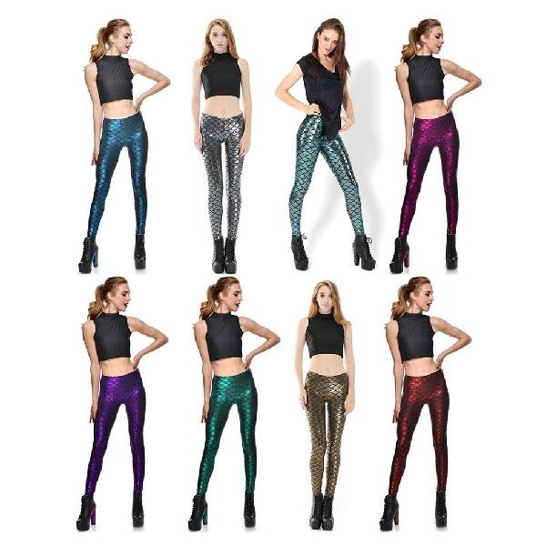 速发Fashion Mermaid Shiny Fish Scale Elastic Women Pants