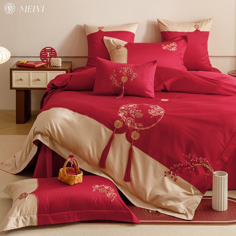 结婚四件套床上用品红色婚庆喜被婚嫁喜庆长绒棉全棉刺绣被套,床上用品,婚庆床品套件,淘宝优惠券,粉丝福利购,淘宝优惠卷