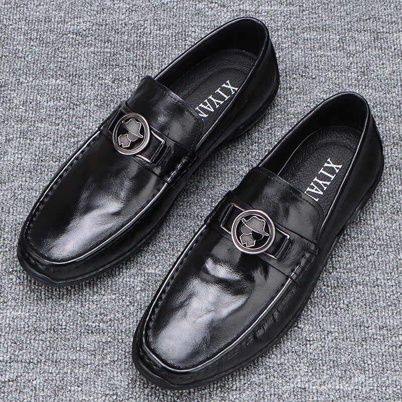 英伦风商务豆豆鞋男2024春夏新款男鞋头M层牛皮一脚蹬休闲皮鞋