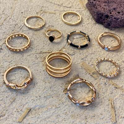 推荐Ring set 10 Piece Set rings复古镂空黑色关节戒指组套10件