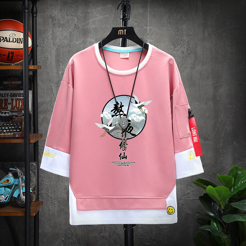 春夏季卫衣男新款运动休闲七分袖上衣学生韩版宽松V潮流情侣装衣