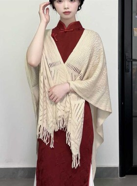 她来了复古馆旗袍披肩开衫秋冬外搭女百搭针织长款流苏披风围巾