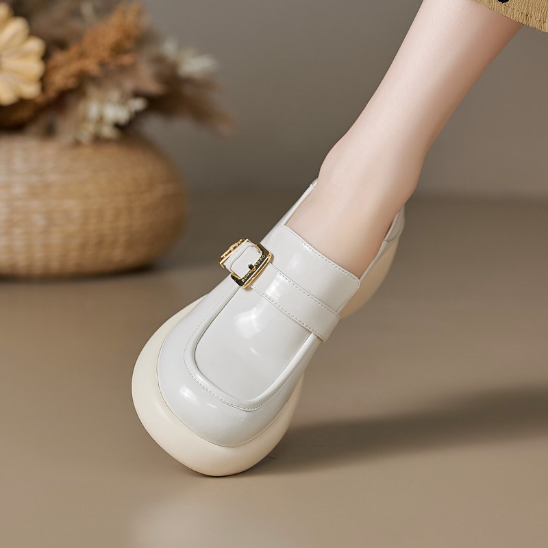 2023秋新款真皮厚底粉色英伦风小皮鞋女粗跟松糕底皮带扣懒人单鞋