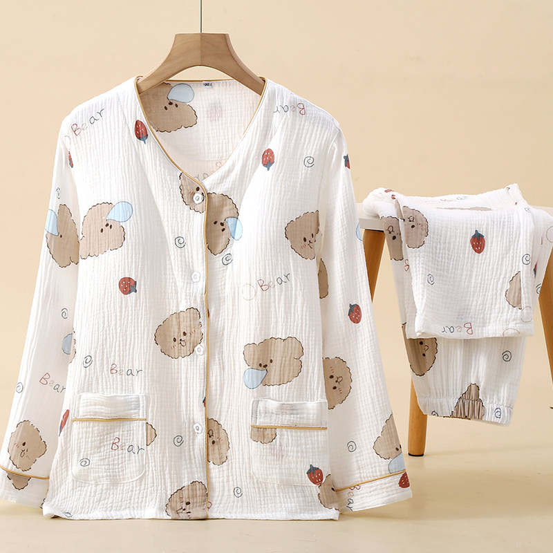 带胸垫睡衣女春秋夏纱布长袖薄款卡通v无领哺乳家居服两件套