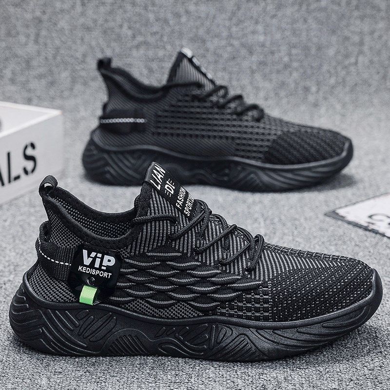 男鞋夏季透气2025新款飞织网面休闲运动跑步鞋男款防臭纯黑色鞋子