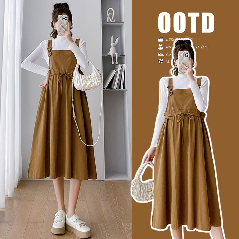 孕妇装秋装两件套韩版怀孕连衣裙秋季长袖上衣+背带裙春秋裙子秋