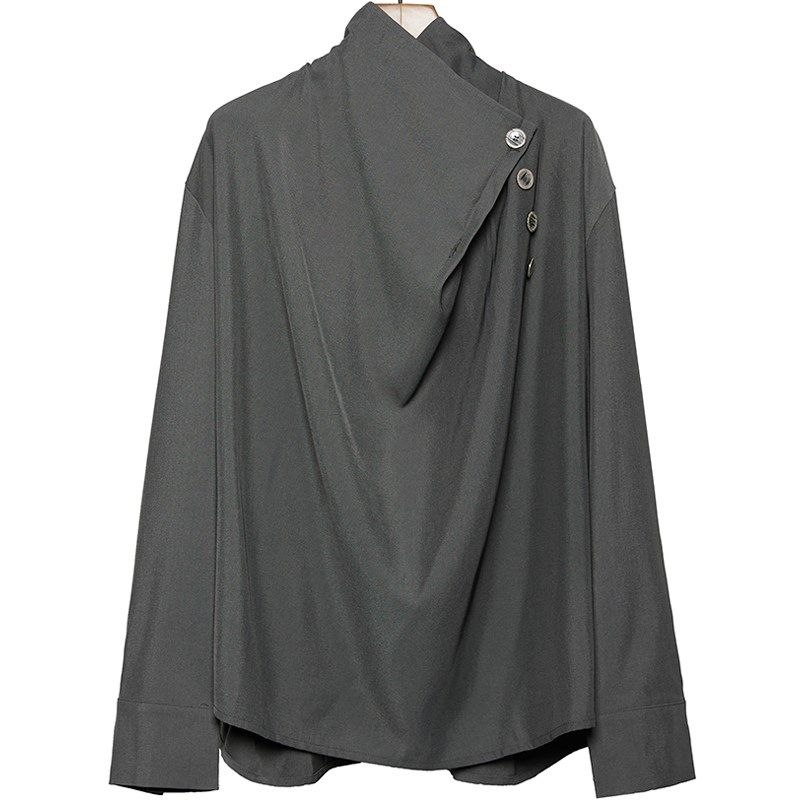 春秋暗黑系山本风宽松个性简约设计休闲半高堆堆领长袖衬衫t恤男