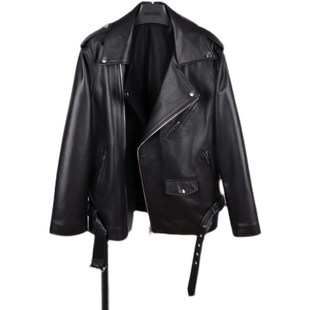 领廓形皮衣潮 大机车夹克女绵羊皮休闲宽松西装 爆款 真皮中长款