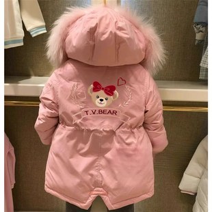 2024秋冬款女大童羽绒服粉色连帽真毛大毛领中长款休闲加厚羽绒服
