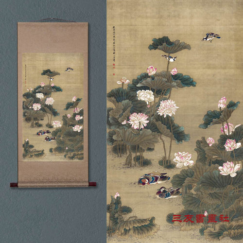 古画花鸟卷轴挂画荷花鸳鸯桂菊山禽富贵吉祥国画仿古复制风水装饰
