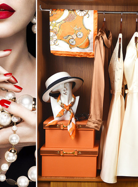 样板房全屋定制衣柜橙色系饰品衣帽间服饰鞋包丝巾礼服高跟鞋摆件