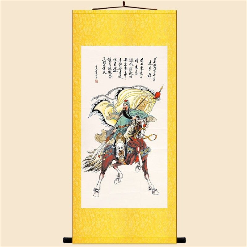 美髯公千里走单骑 n关公关羽人物画像 复古装饰画绢布卷轴挂画定