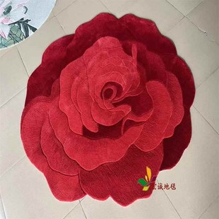 新品 书房婚 新西兰进口羊毛m红色花朵圆形地毯中式 客厅茶几垫美式