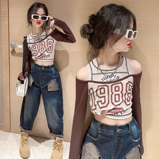 t毛边口袋牛仔老爹裤 女童洋派长袖 T恤镂空露肩上衣春夏季 辣妹短款