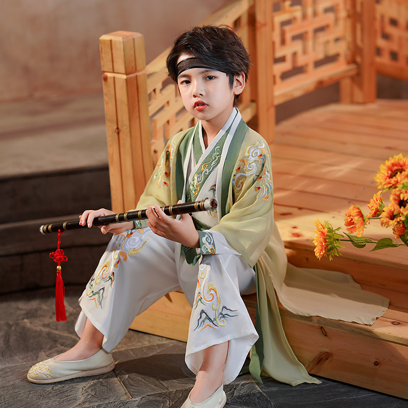现货2023春秋新汉服男童套装改良宋制书生装儿童古装古筝演出服中