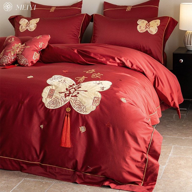中式浪漫结婚全棉长绒棉四件套婚庆喜被刺绣被套流苏婚嫁床上用品,床上用品,婚庆床品套件,淘宝优惠券,粉丝福利购,淘宝优惠卷