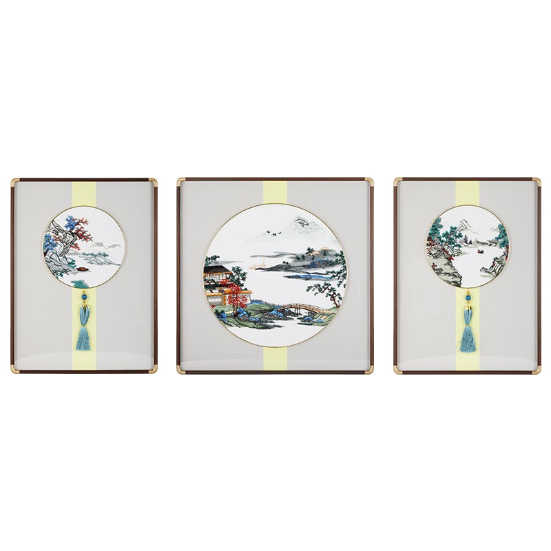 现货中国风e苏绣山水画客厅装饰画新中式沙发背景墙挂画高档三联