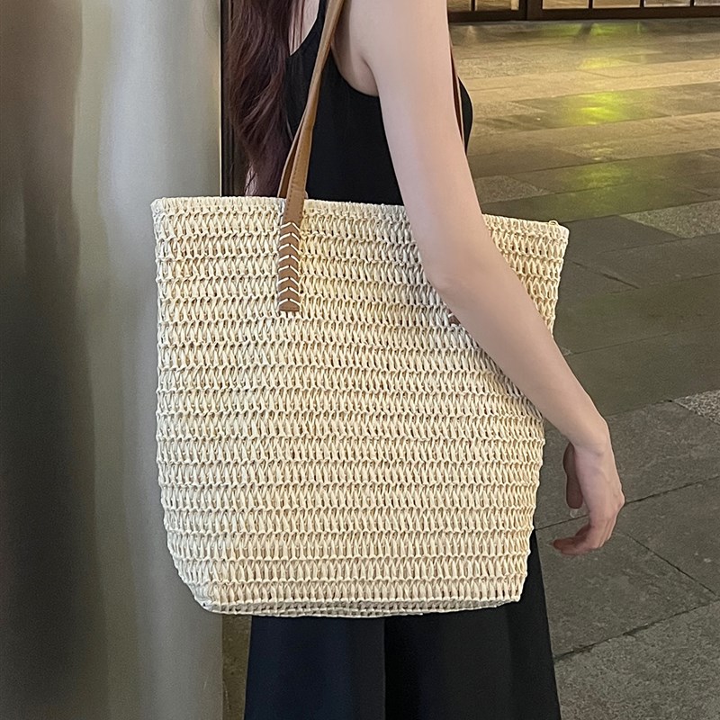 简约大容量编织沙滩包女田园风度假旅行手提单肩包洋气百搭草编包