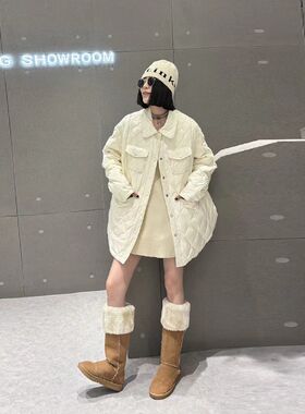 加大码女装翻领长袖开衫菱形格轻薄棉服胖妹妹秋冬款韩版百搭外套