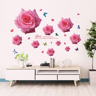 玫瑰花卧室电视背景墙壁床头天花板墙贴纸装 饰自粘墙上贴画贴花