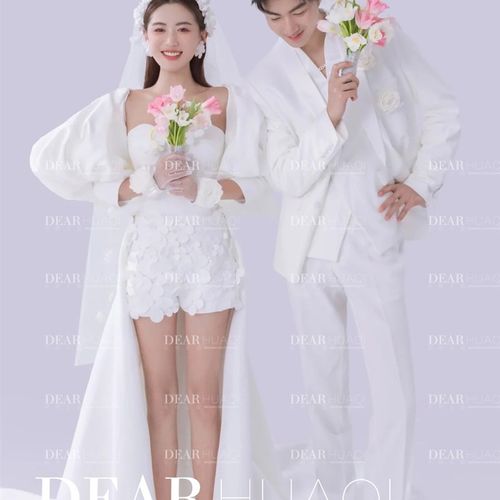 影楼新款甜美韩版简约婚纱主题摄影服装 K小清新缎面短裙拍照白纱