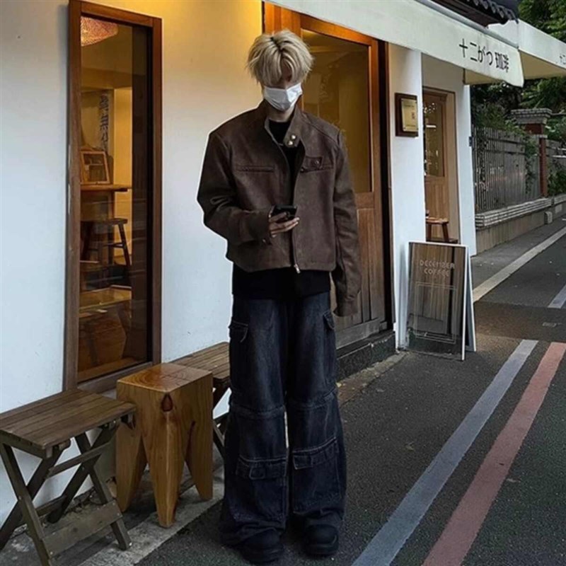 美式复古立领皮衣外套男秋冬季美拉德穿搭机车服潮牌垫肩短款夹克
