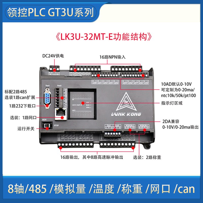 领控GT/GX3U国产PLC工控板带模拟量温度can称重网口可编程控制器