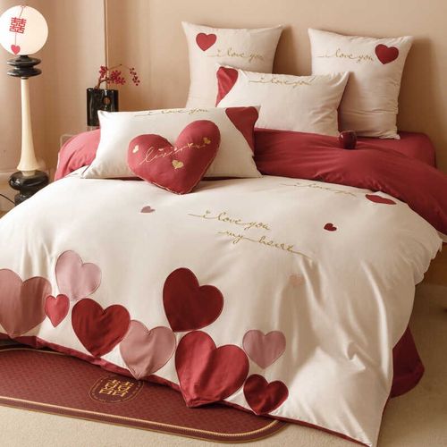 100S爱心纯棉结婚庆四件套红色小清新被套陪嫁长绒棉床单全棉床品