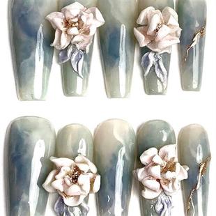 新品 浮雕牡丹2023穿戴甲新娘甲指甲贴成品甲片孕妇学生新款 假指甲