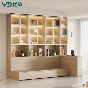 奶油风一体到顶书柜带卡座去客厅化书柜带玻璃门储物柜定制2F81